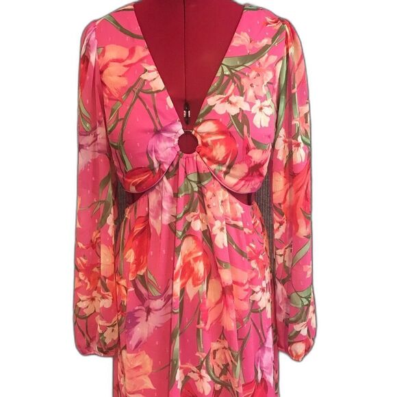 Siena Dress Women Sizes 2, 8 & 10 Pink Floral Long Sleeve Maxi O-Ring V-Neck NWT - Picture 9 of 16
